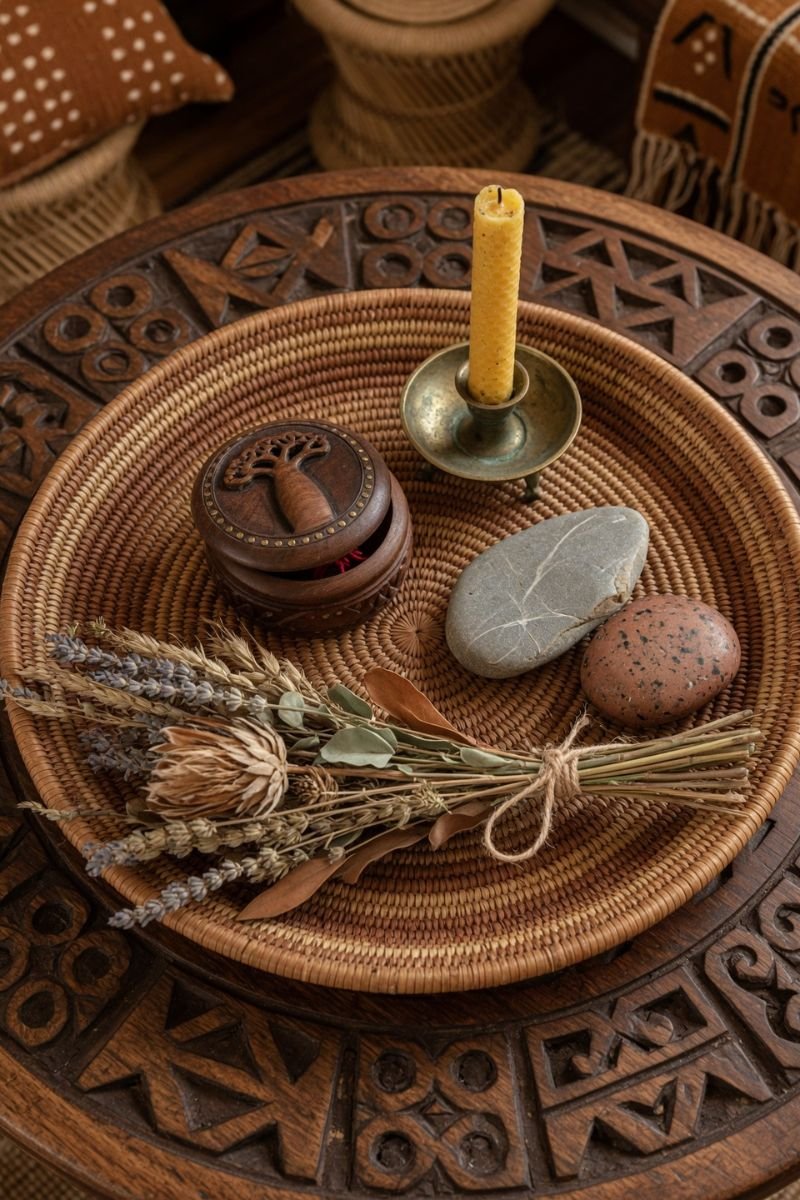 Round woven tray with beeswax candle carved box and stones on a coffee table