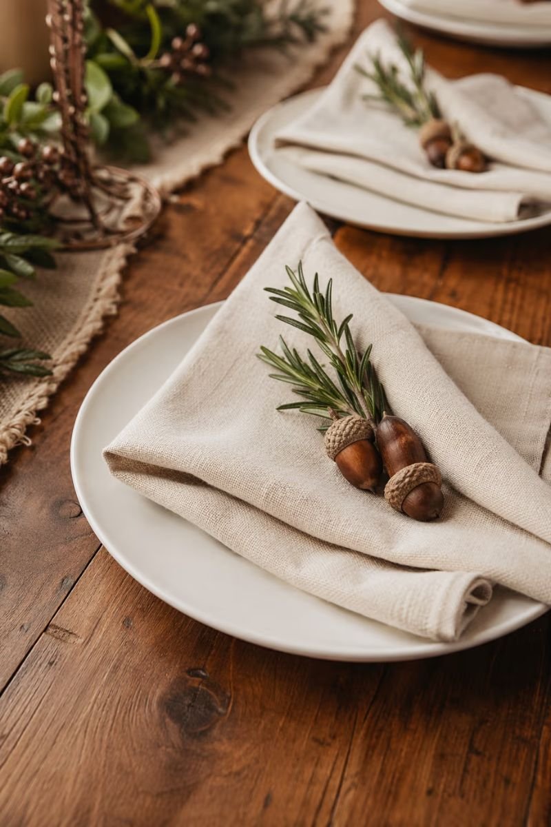 Acorn sprig rosemary napkin detail Thanksgiving place setting natural