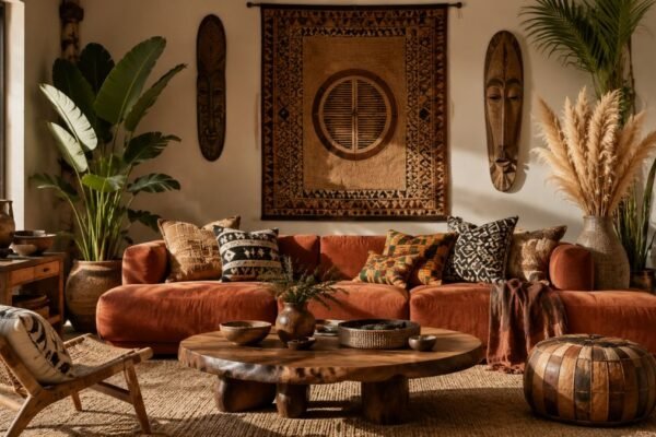 African boho living room with terracotta sofa woven wall art and mudcloth pillows