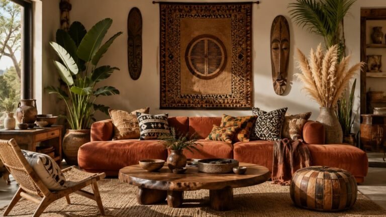 African boho living room with terracotta sofa woven wall art and mudcloth pillows