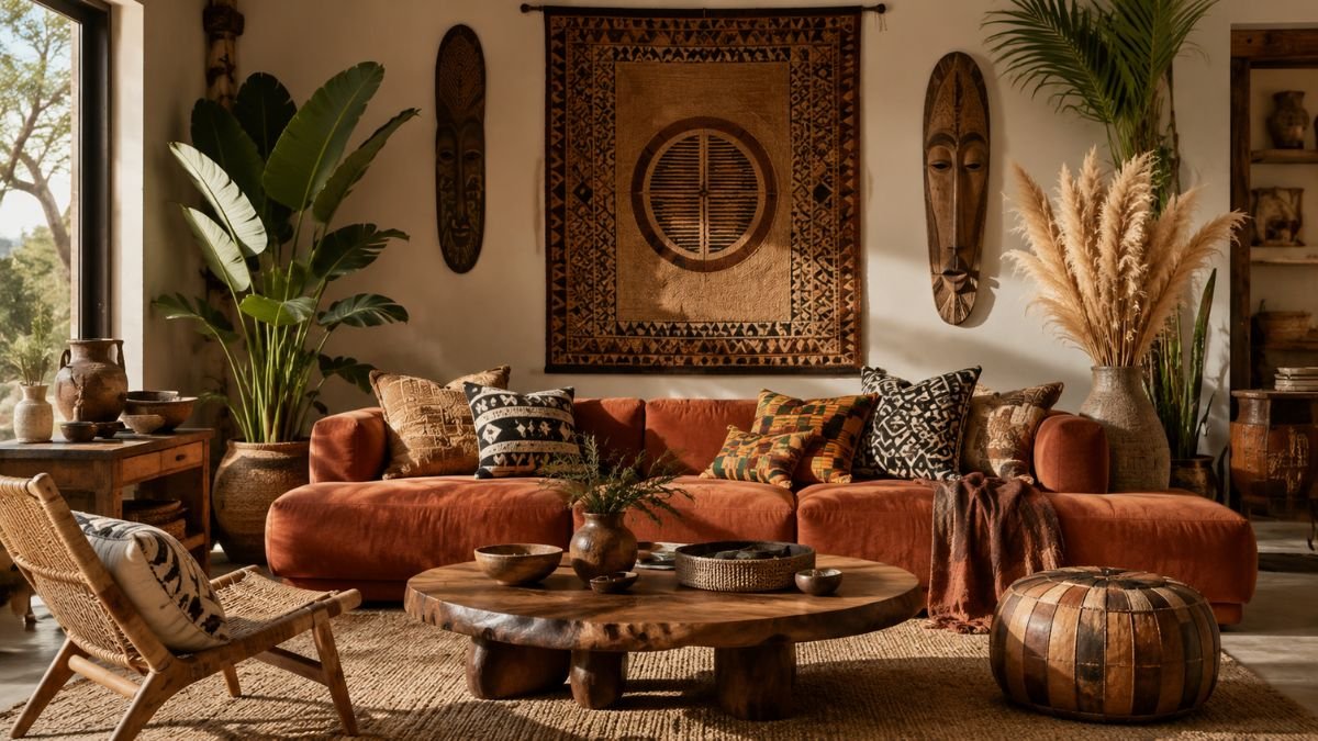 African boho living room with terracotta sofa woven wall art and mudcloth pillows
