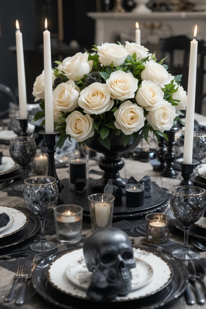 All black white Halloween tablescape skull white roses black candles elegant minimal