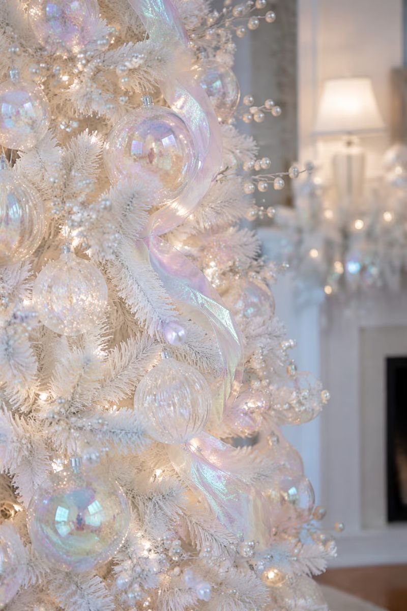 All white Christmas tree with iridescent glass ornaments holographic ribbon and pearl picks