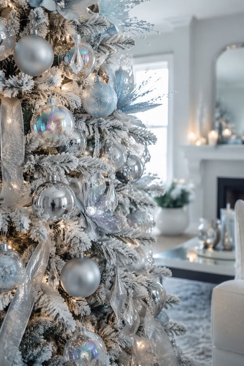 All white and silver Christmas tree with iridescent ornaments crystal drops and icy blue accents