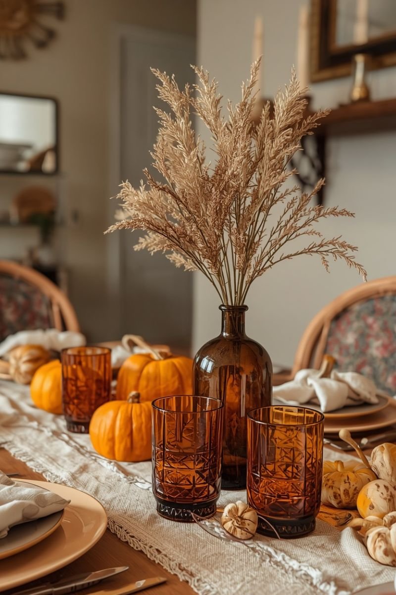 Amber glass vases drinking glasses fall tablescape warm light kitchen