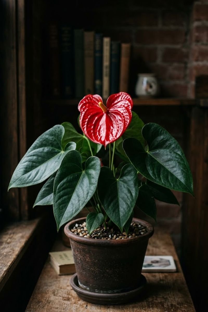 Anthurium flamingo flower with red waxy bloom
