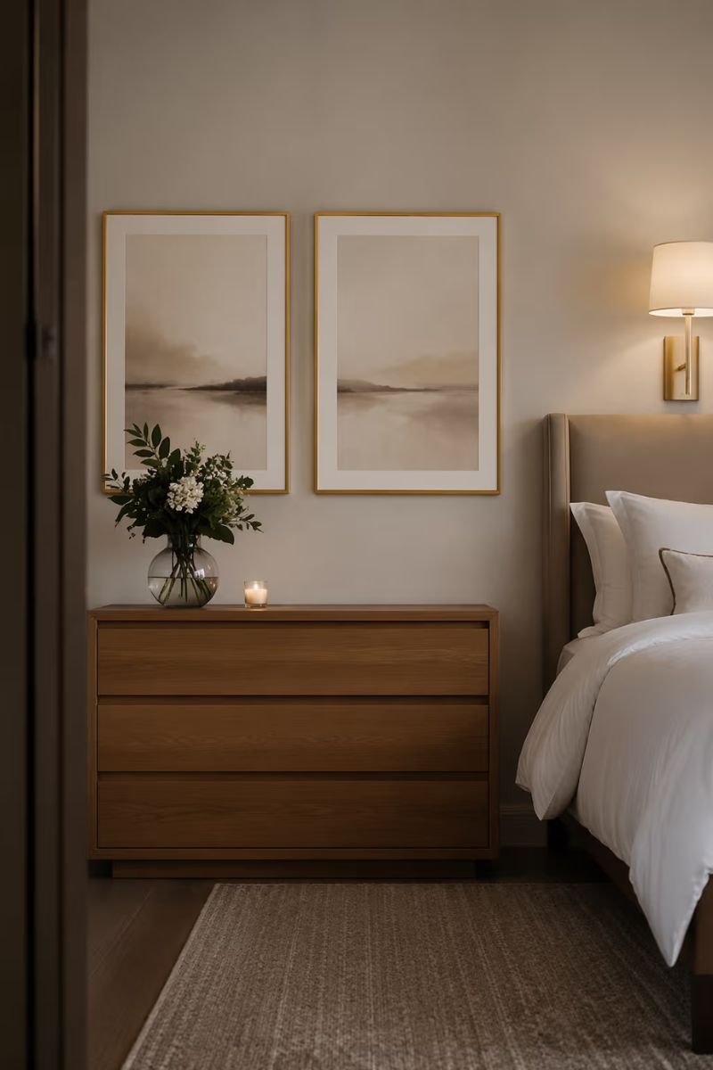 Artwork hung at correct eye level height in a cozy luxury hotel bedroom