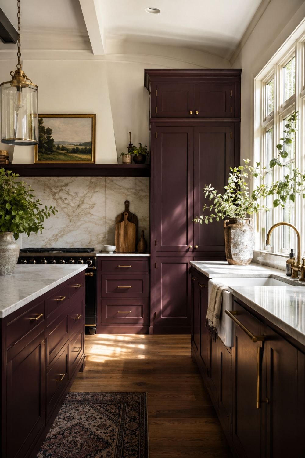 Aubergine cabinets against warm white walls with natural light