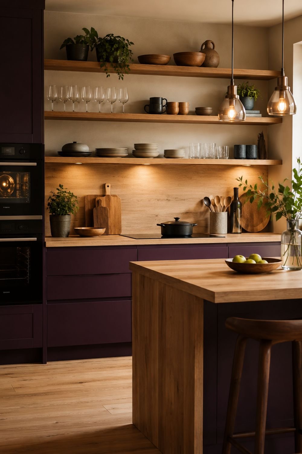 Aubergine cabinets paired with natural wood shelving and countertops