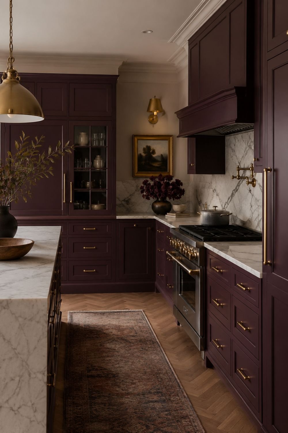 Aubergine cabinets with brushed gold hardware and fixtures