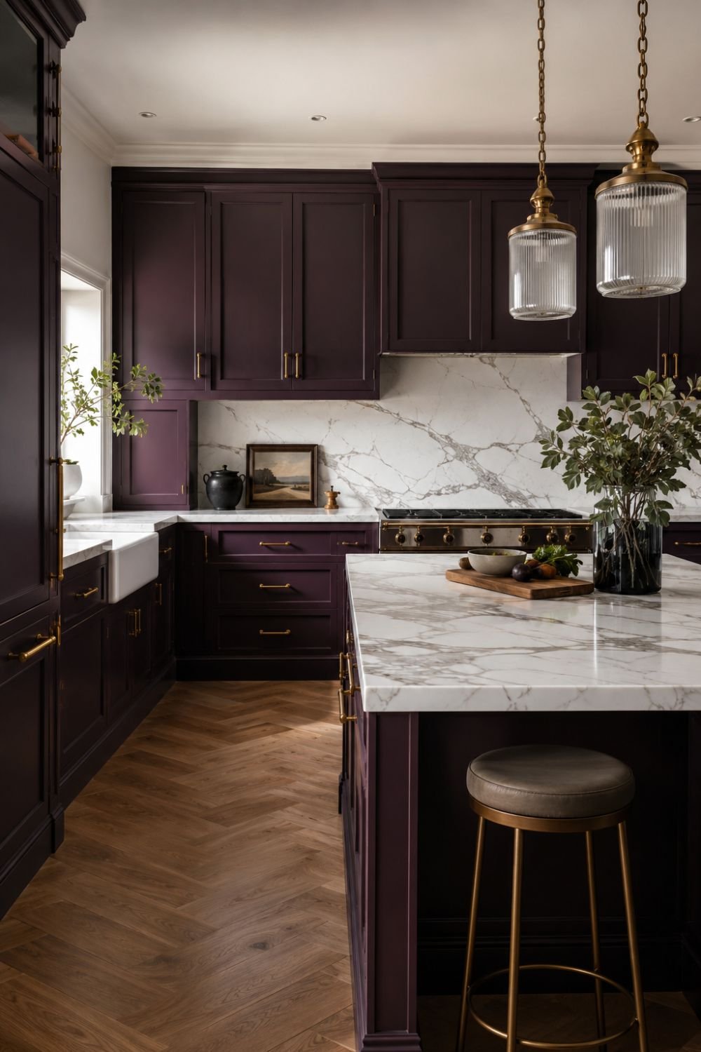 Aubergine cabinets with white marble countertops creating sophisticated contrast