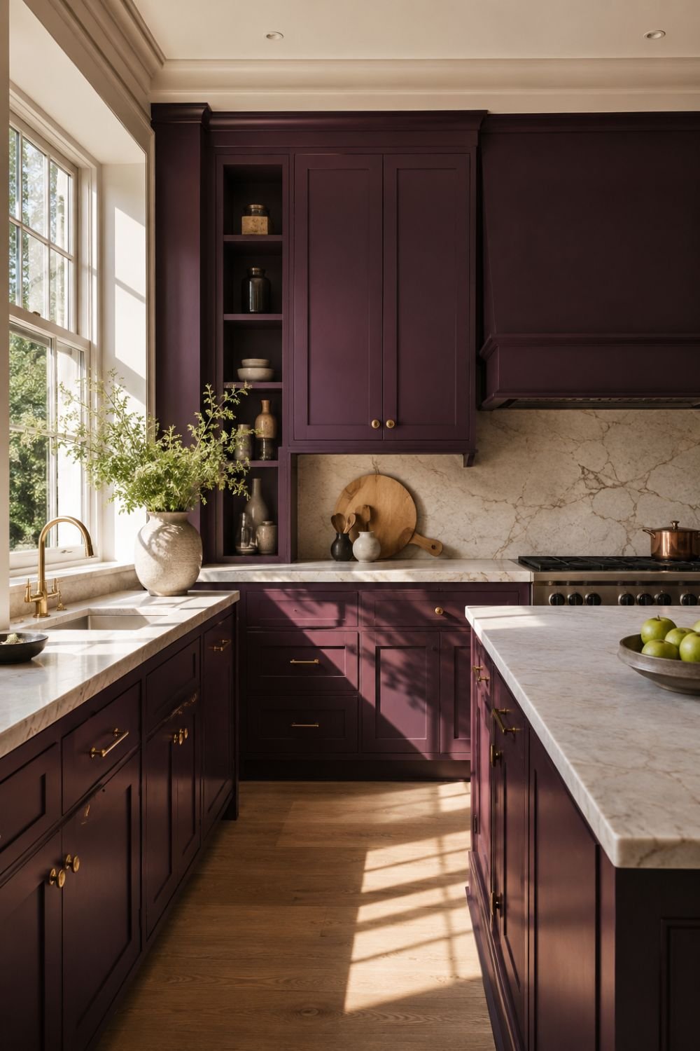 Aubergine kitchen in natural light showing color depth and richness.