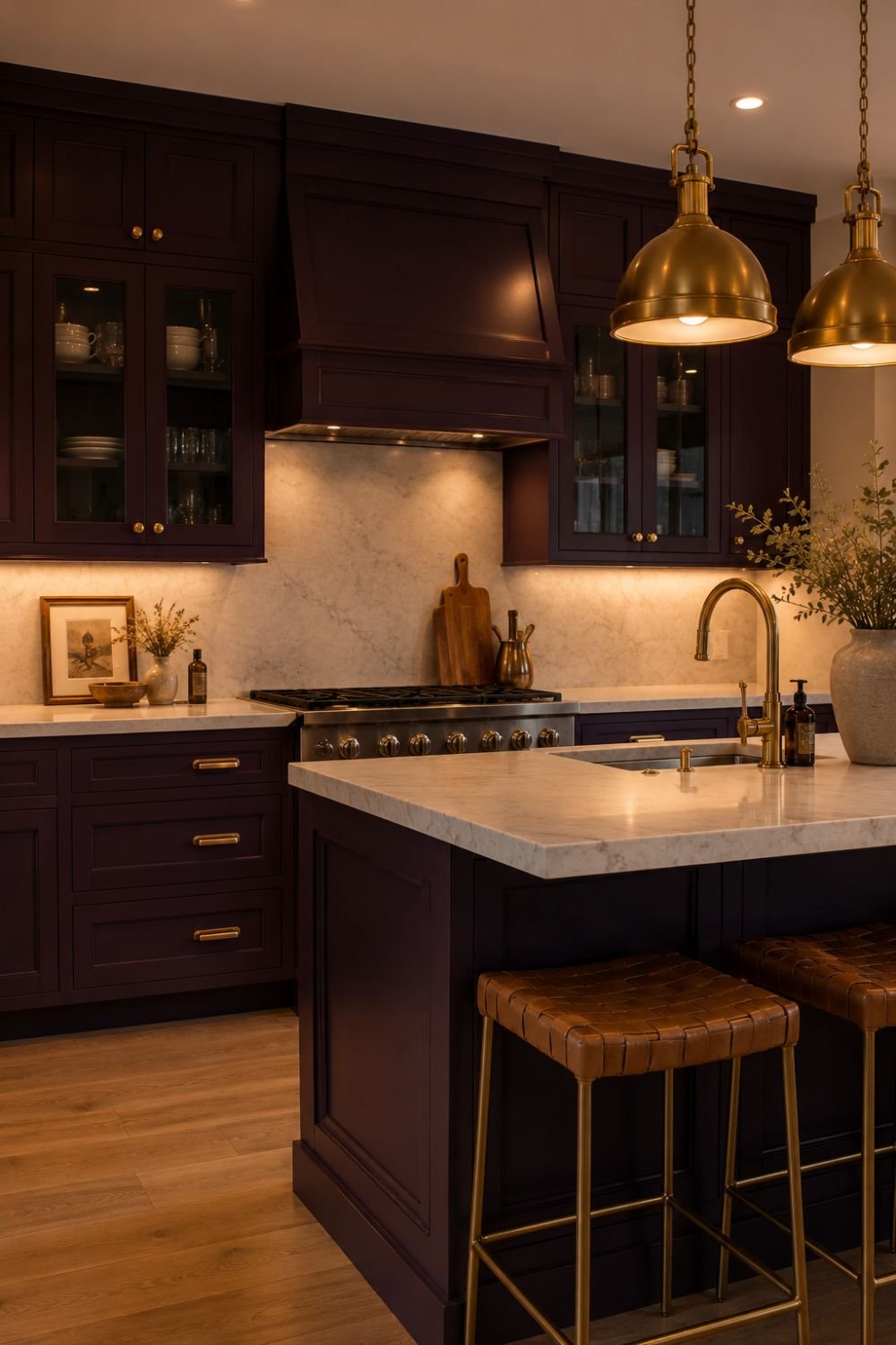 Brass and aubergine create old-world luxury. Think European cottage meets modern chic.