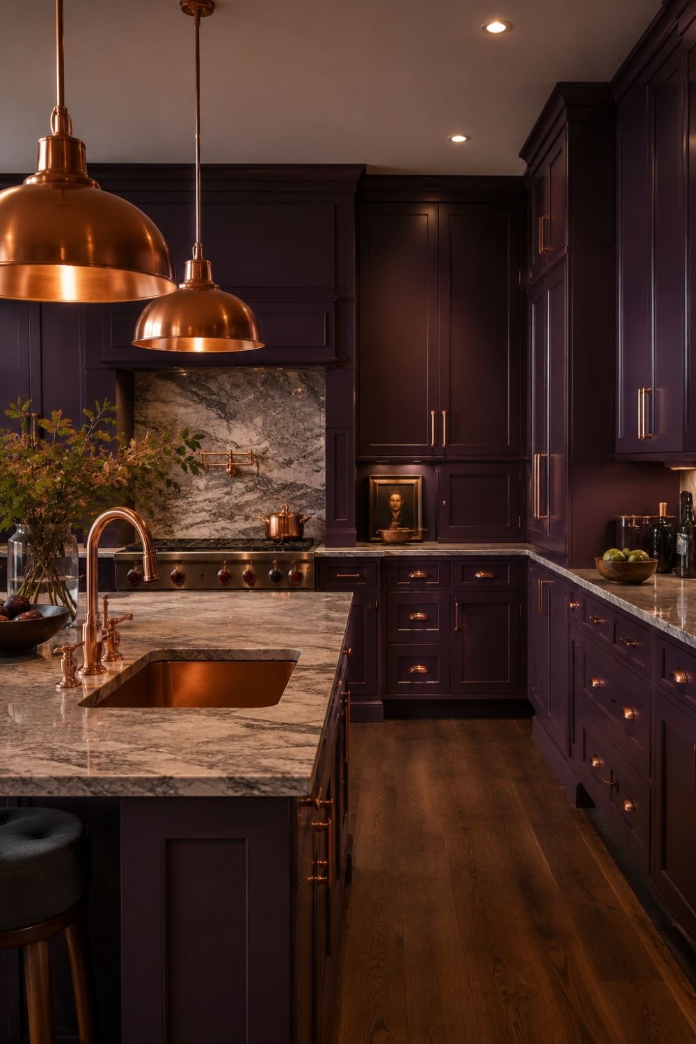 Aubergine kitchen with copper hardware and warm metal accents