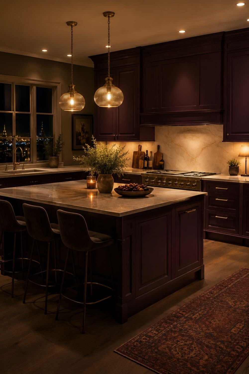 Aubergine kitchen with layered warm lighting creating moody ambiance