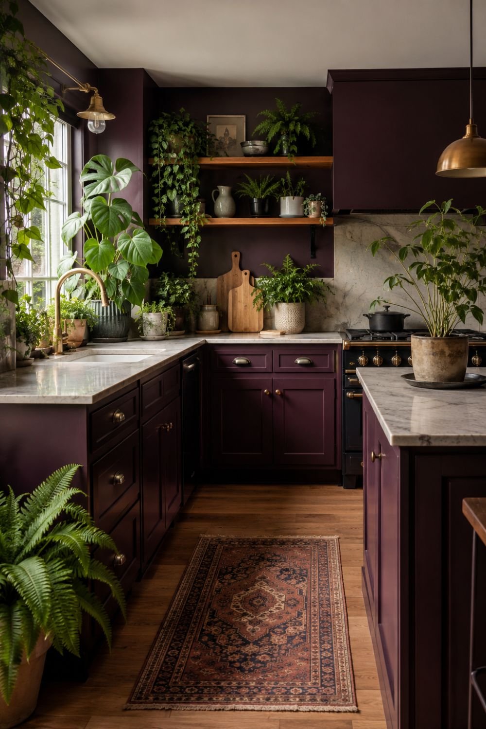 Aubergine kitchen with potted plants and greenery creating contrast.