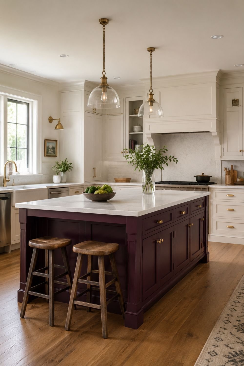Aubergine painted kitchen island with white surrounding cabinets