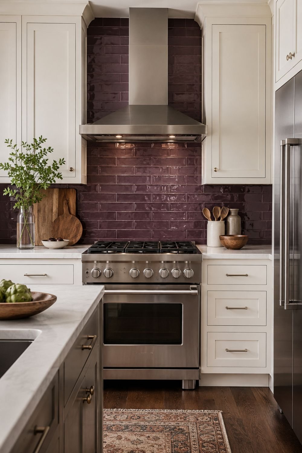 You don't need to commit to cabinets to go aubergine. A backsplash works.