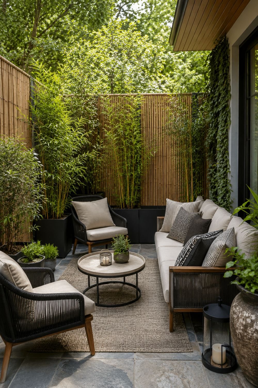 Bamboo screens providing privacy on patio creating enclosed retreat space