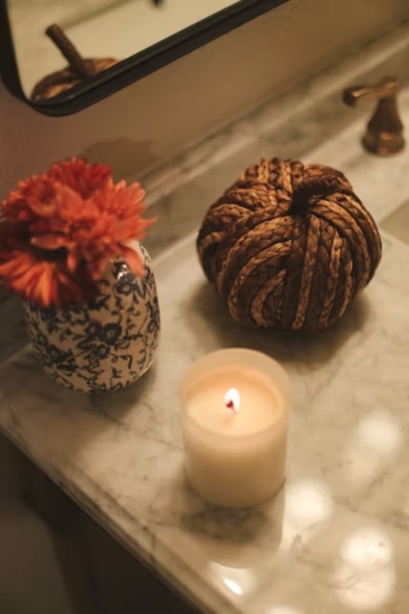 Bathroom counter fall vignette tray mini pumpkin candle soap autumn