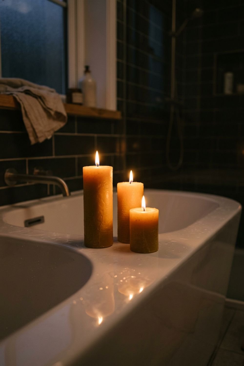Beeswax candles of different heights on the edge of a bathtub in a natural linen and rattan bathroom