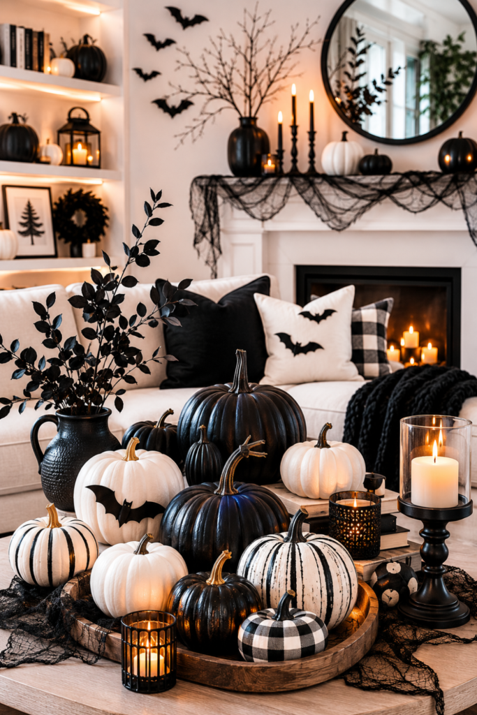Black and white Halloween pumpkin display with dried florals and candles