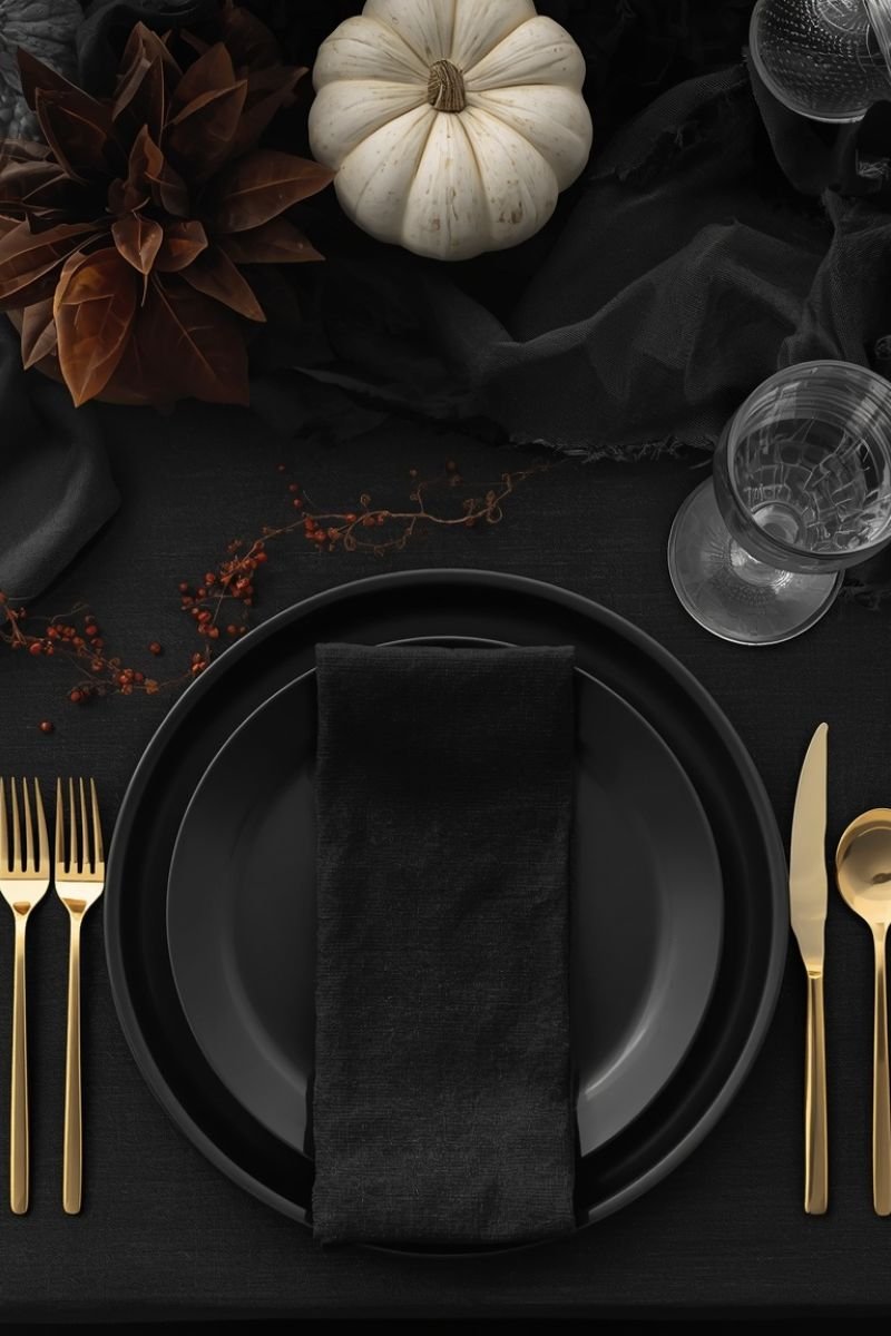 Black charger plates gold flatware dark linen napkin elegant Halloween place setting