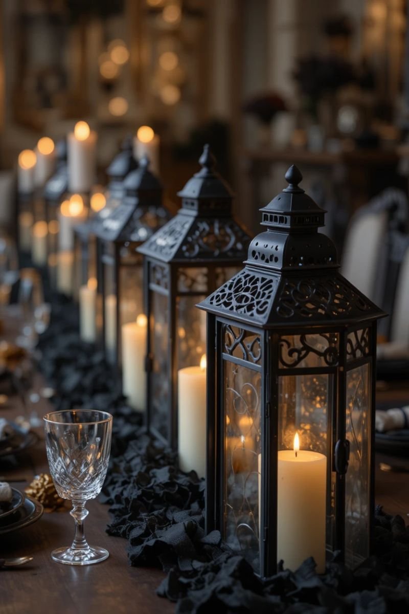 Black metal lanterns row center table candles elegant Halloween dinner dark atmospheric
