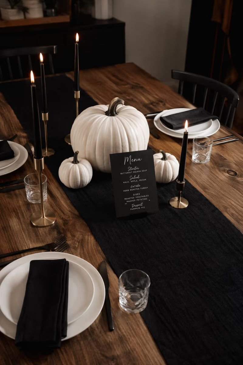 Black warm white modern Thanksgiving tablescape wood table white pumpkin brass candles