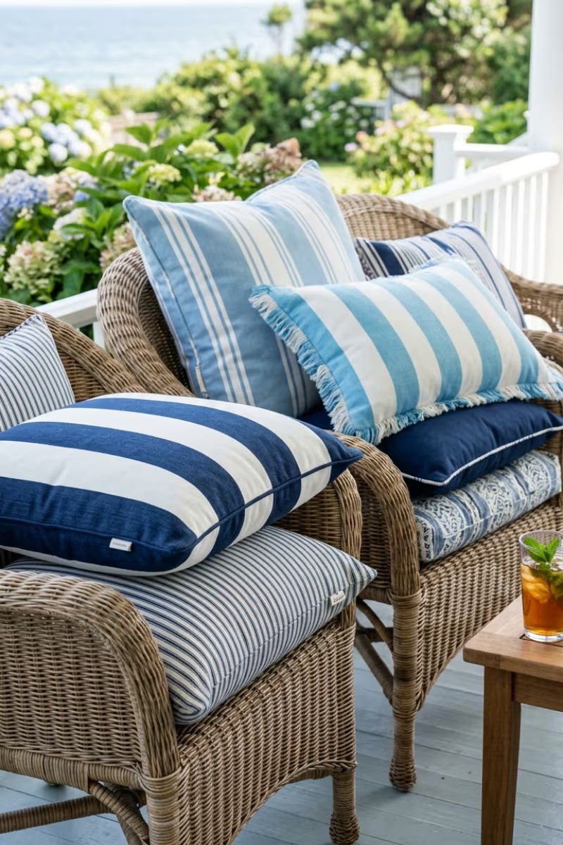 Blue and white striped outdoor pillows on coastal porch seating