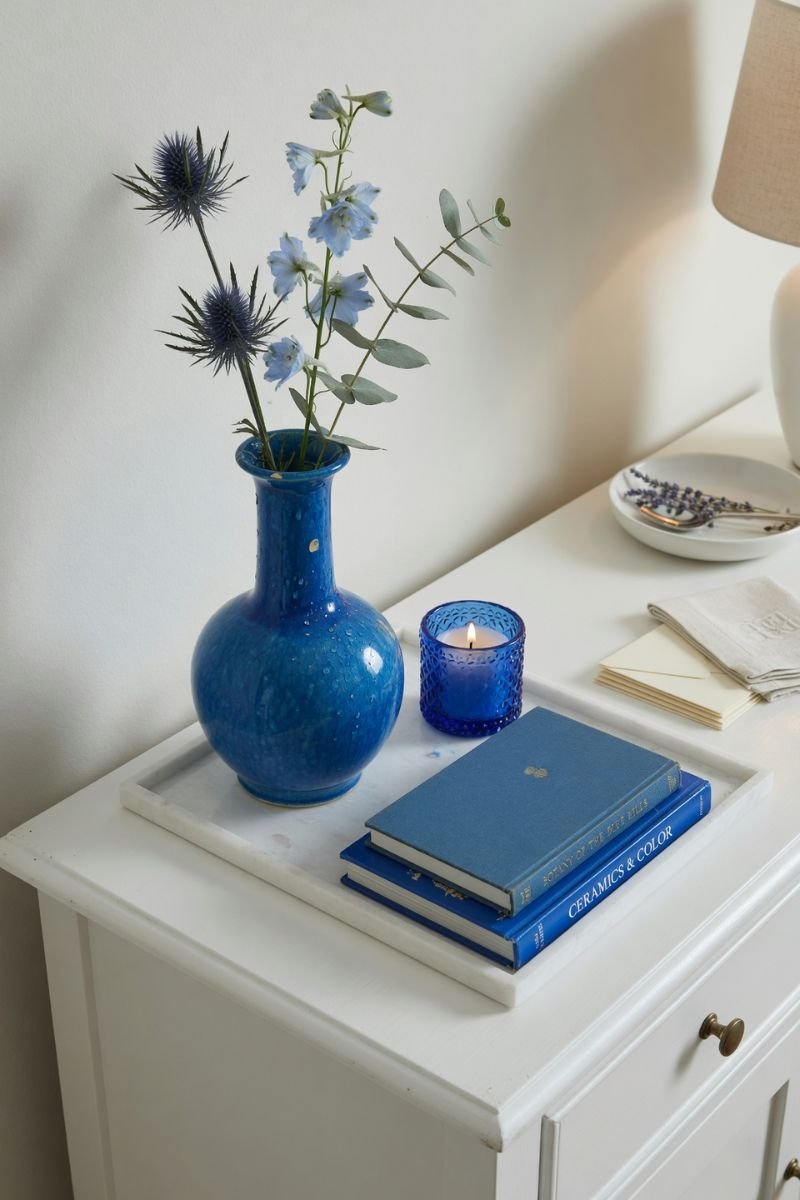 Blue ceramic vase and candle on a white console table as a summer accen