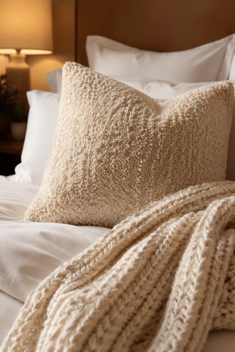 Boucle textured accent pillow on a cozy luxury hotel style bedroom bed