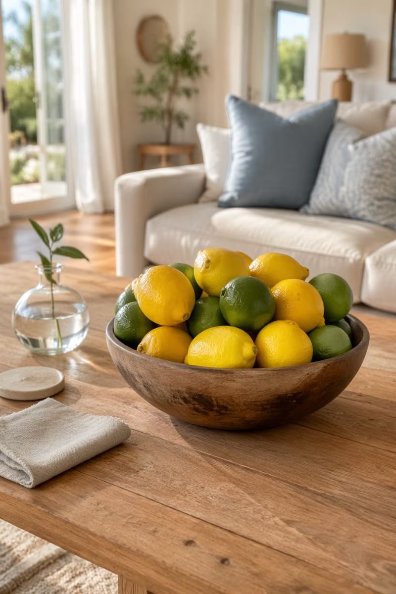 Bowl of fresh lemons and limes as summer decor on a living room coffee table