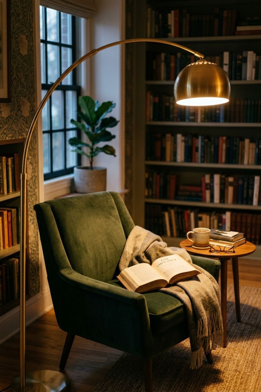Brass arc floor lamp curving over a reading chair casting warm light in a cozy nook