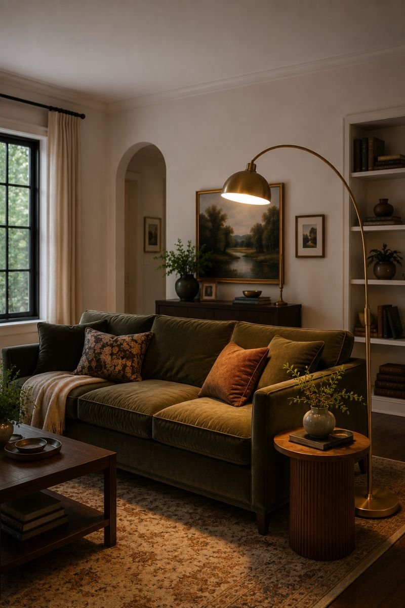 Brass arc floor lamp curving over a velvet sofa end in a Neo Deco living room
