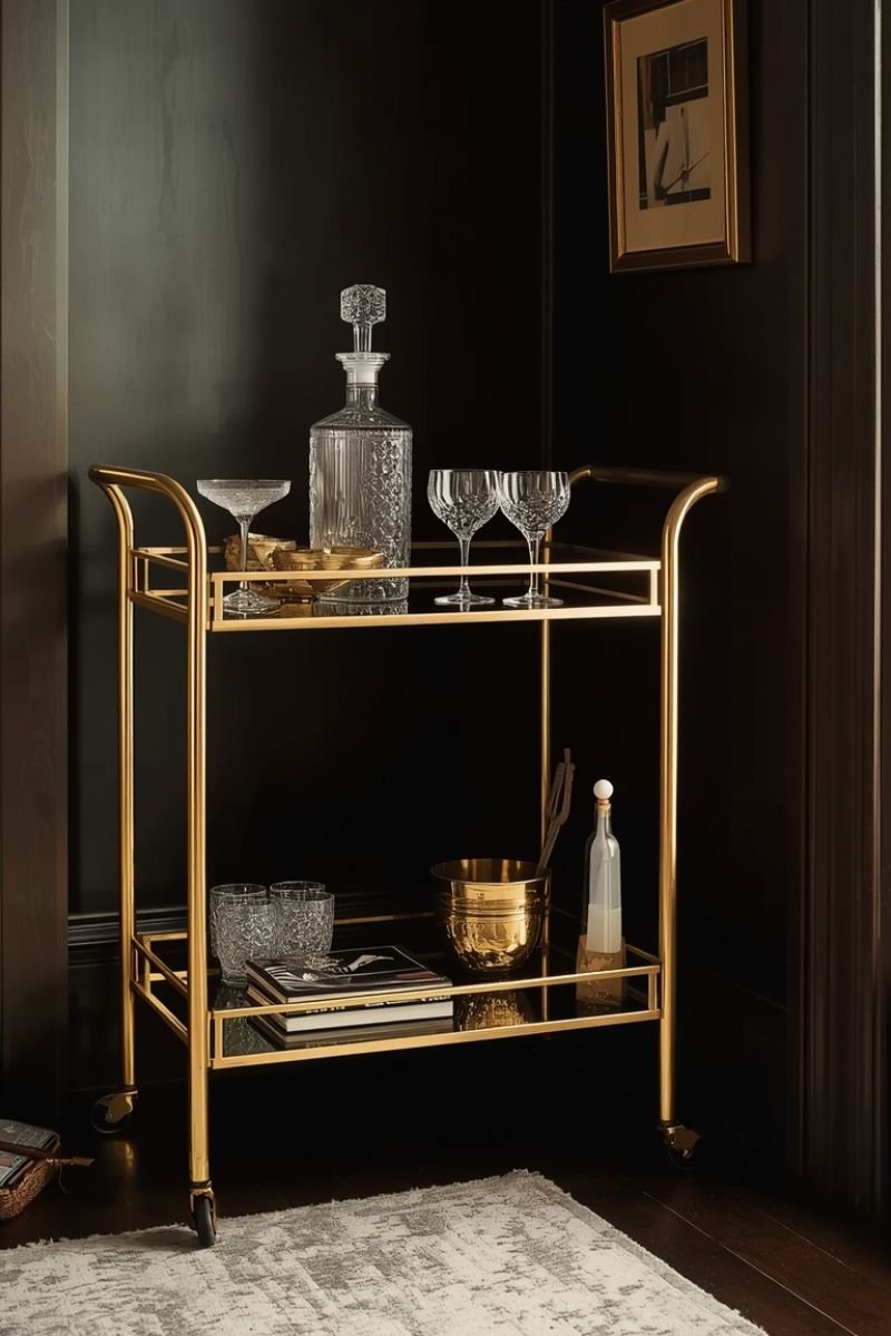 Brass bar cart with crystal decanter and glasses in a Neo Deco living room corner