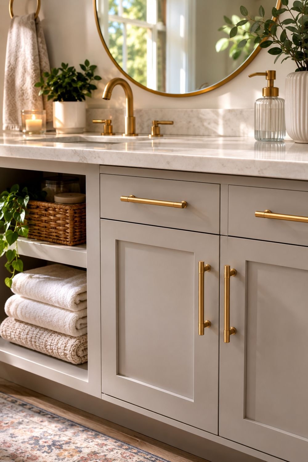 Brass cabinet hardware on bathroom vanity cabinet