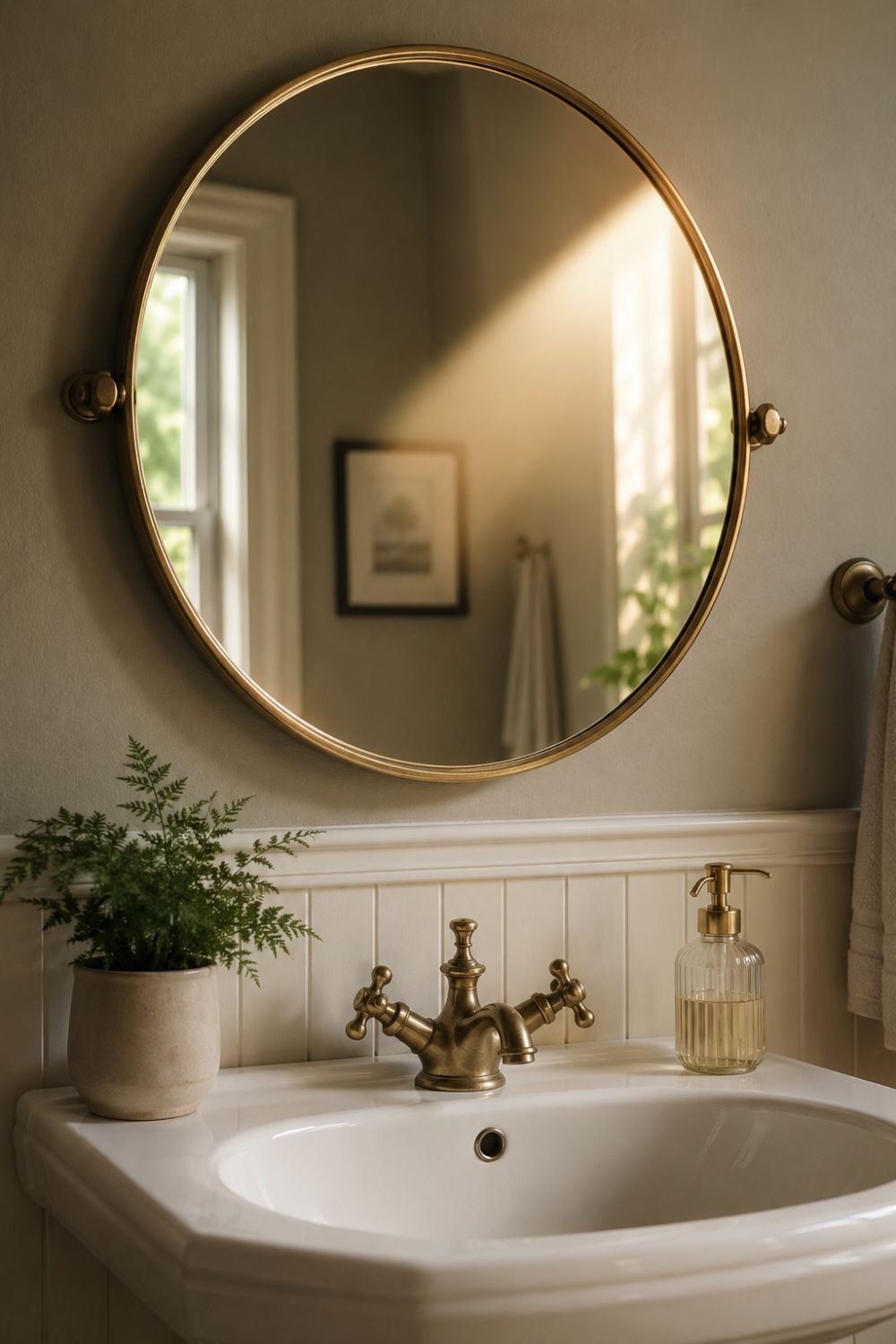 Brass-framed round mirror above white pedestal sink with small plant and soap dispenser