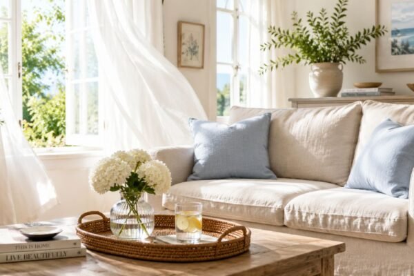 Bright summer living room with sheer curtains linen sofa and rattan tray