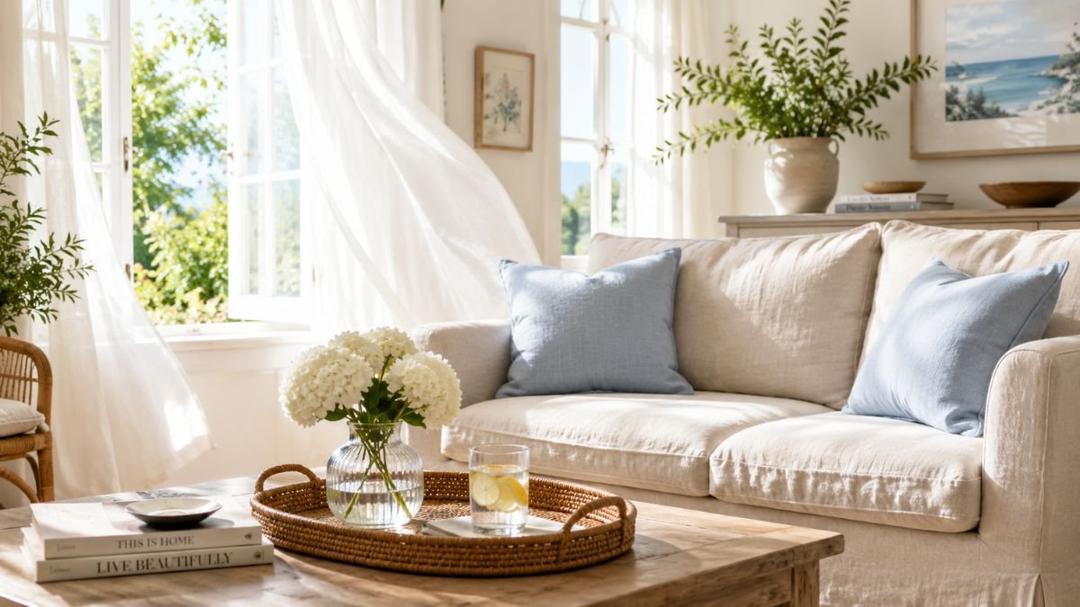 Bright summer living room with sheer curtains linen sofa and rattan tray