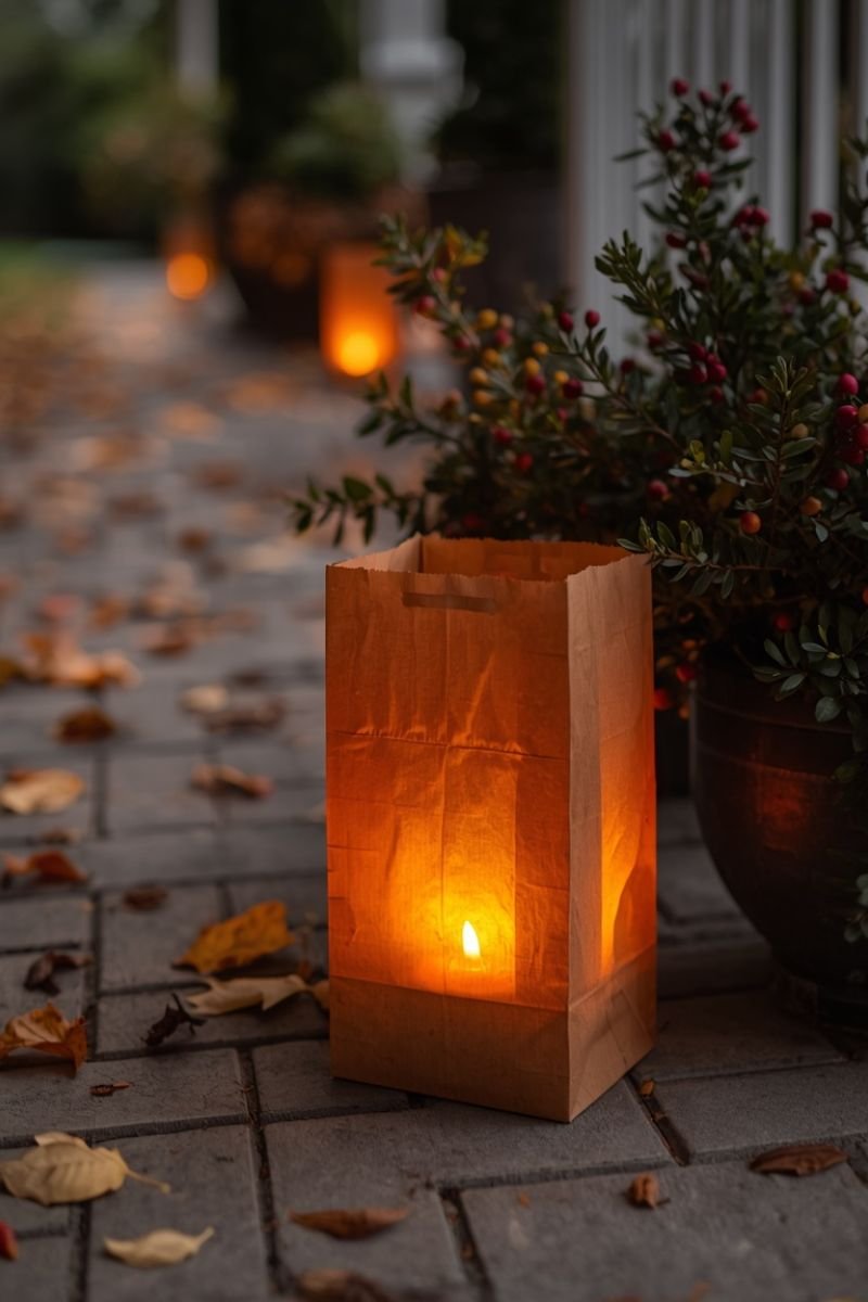 Brown paper bag luminary tea light fall porch walkway evening glow