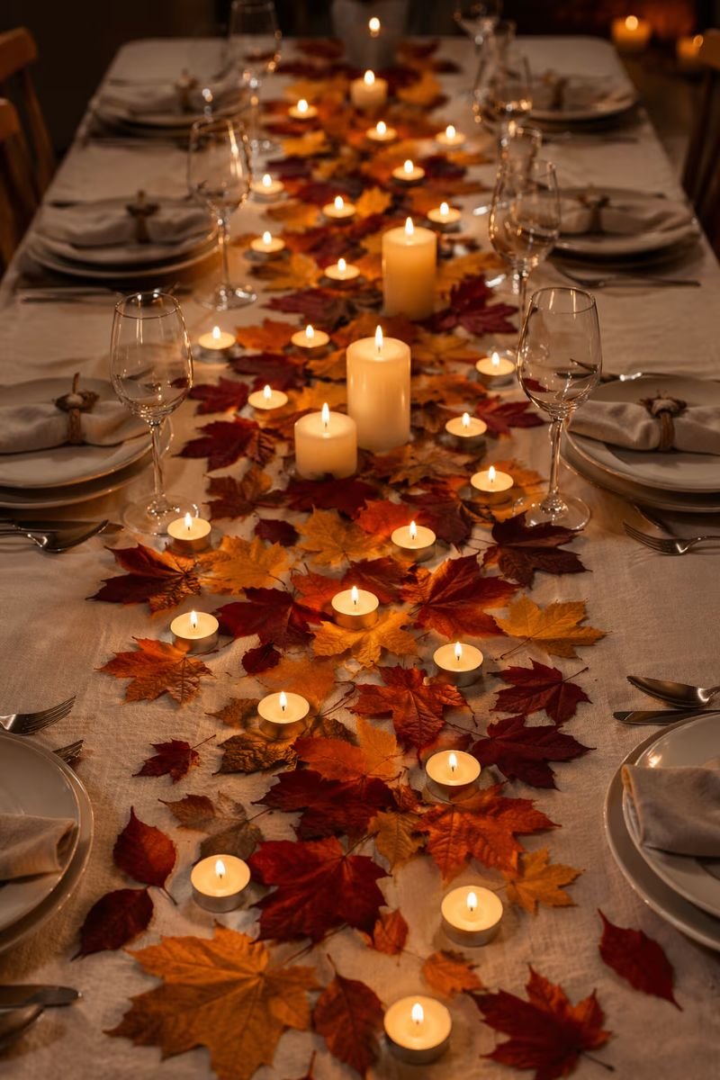 Budget Thanksgiving table tea lights real fall leaves pillar candles centerpiece under $10