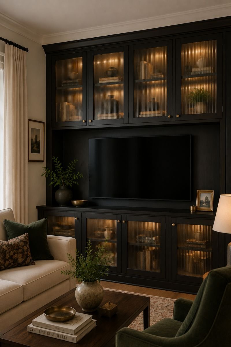 Built in cabinet with fluted reeded glass door panels in a Neo Deco living room