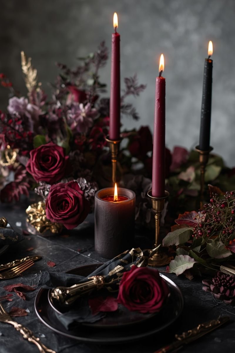Burgundy black dried botanicals Halloween tablescape dark roses pressed leaves candles