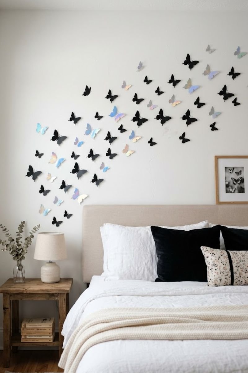 Butterfly wall decals scattered on white bedroom wall in Y2K style