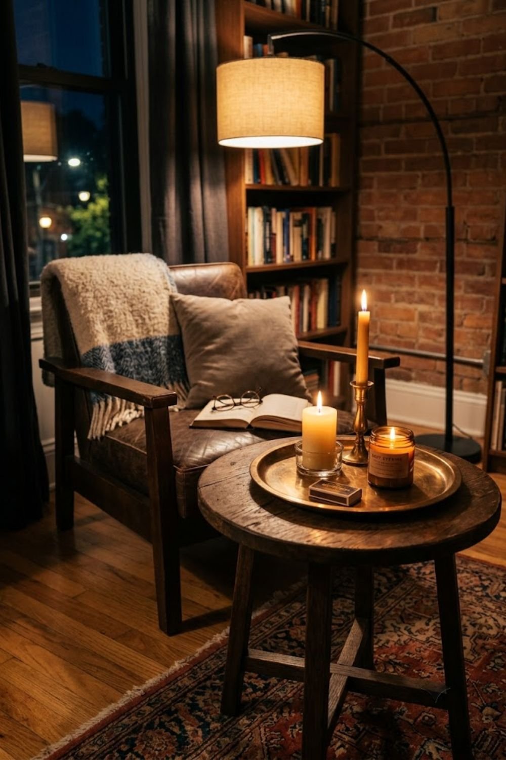 Candle cluster on a small tray on a reading nook side table in evening light