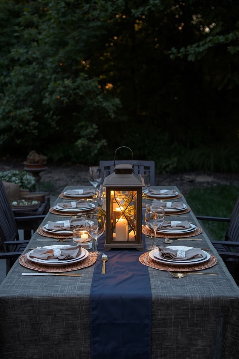 Candlelit patio Thanksgiving table dusk lanterns charger plates outdoor elegant