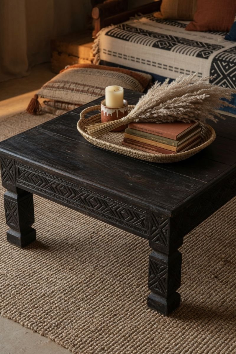 Carved dark wood coffee table with pampas grass candle and books on jute rug