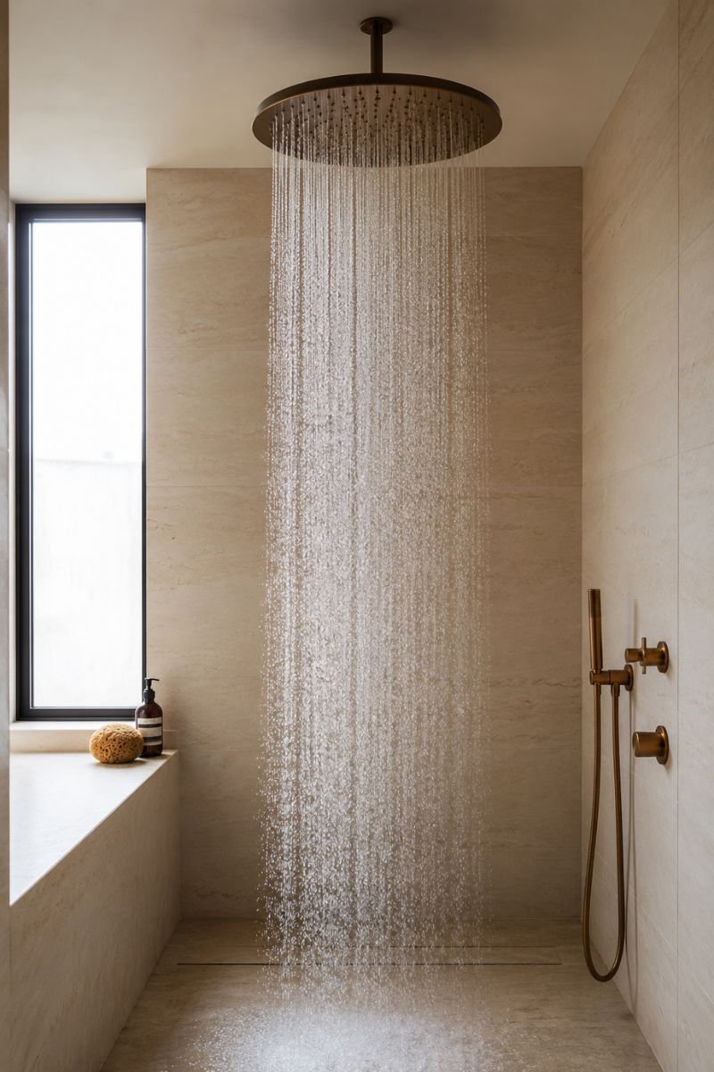 Ceiling-mounted rain shower head with water cascade in small luxury bathroom