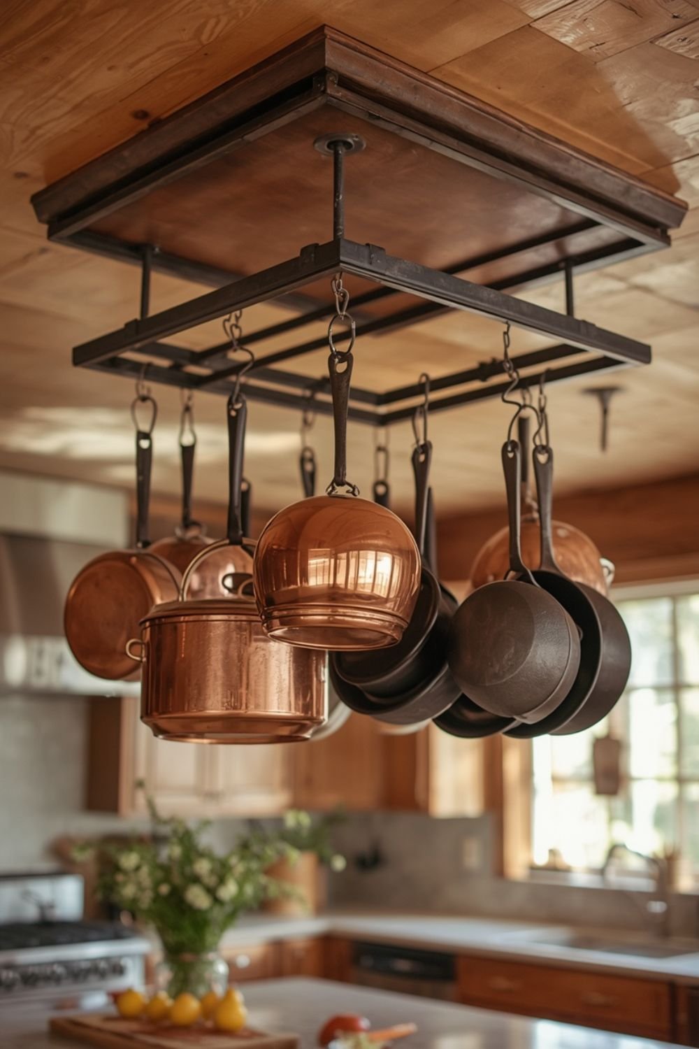 Ceiling pot rack with copper pots and cast iron pans in a Grandma Core kitchen